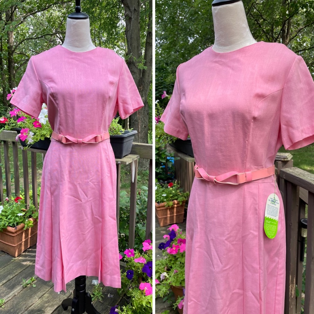 Vintage 1970s Montgomery Ward Pink Bow Belted Linen Blend A Line Dress Sz 18